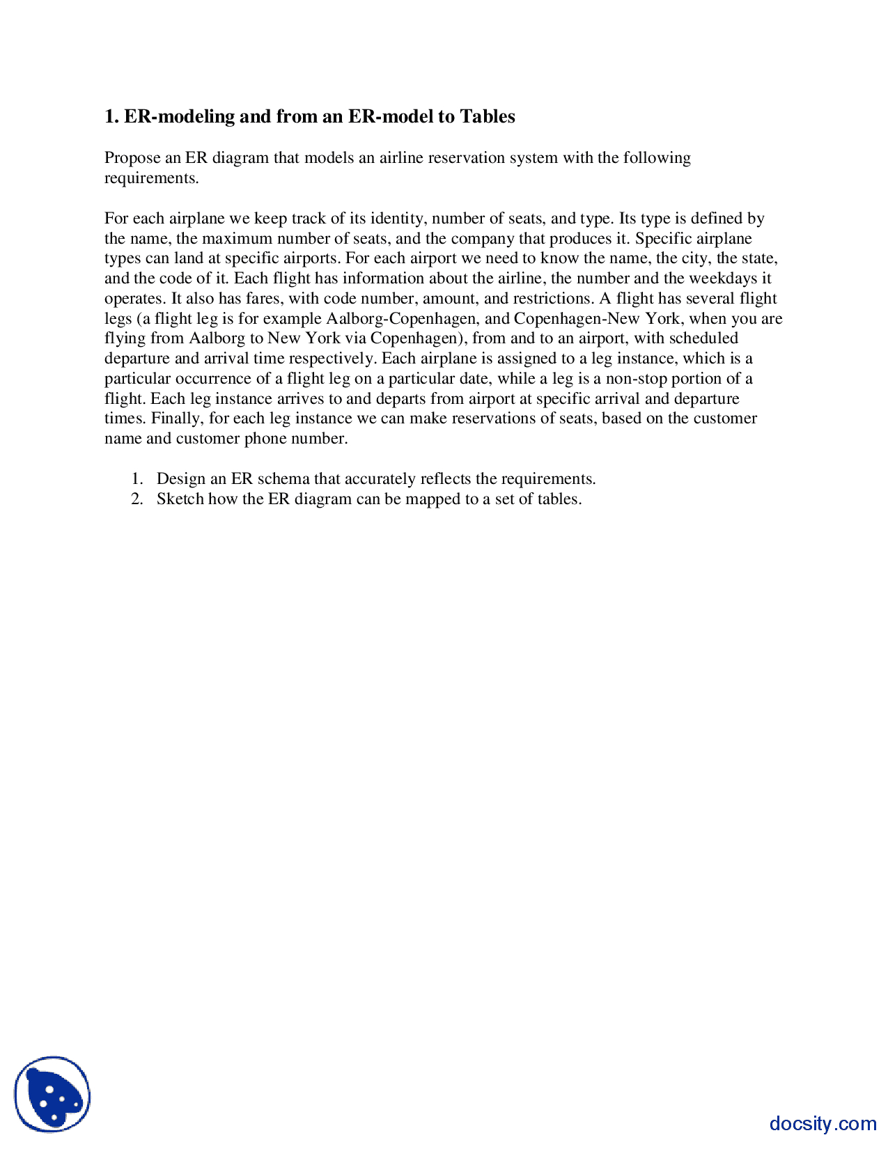 Er Diagram--Introduction To Database Systems-Assignment - Docsity intended for Er Diagram Examples For Airline Reservation System