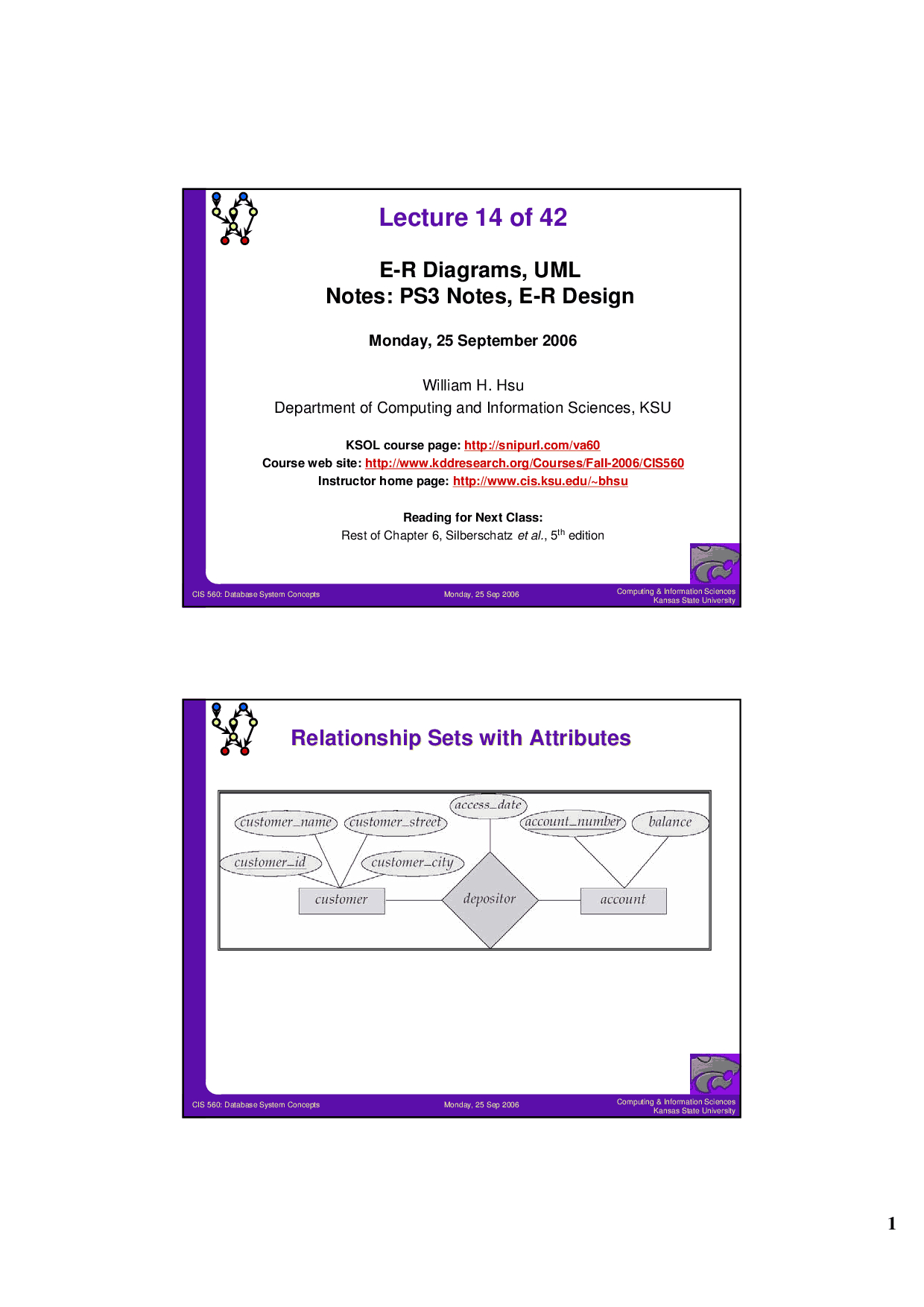 E-R Diagrams-Database System Concepts-Lecture 14 Slides regarding Er Diagram Lecture