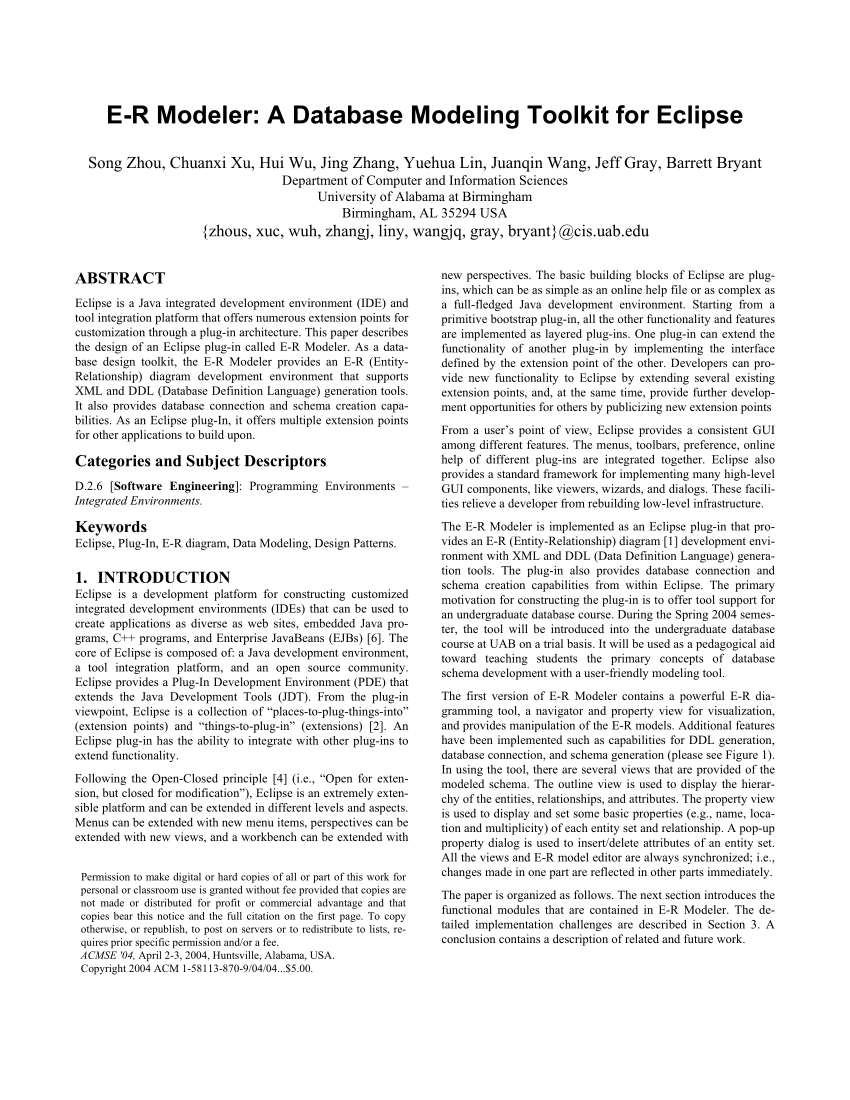 Pdf) E-R Modeler: A Database Modeling Toolkit For Eclipse. in Er Modeler