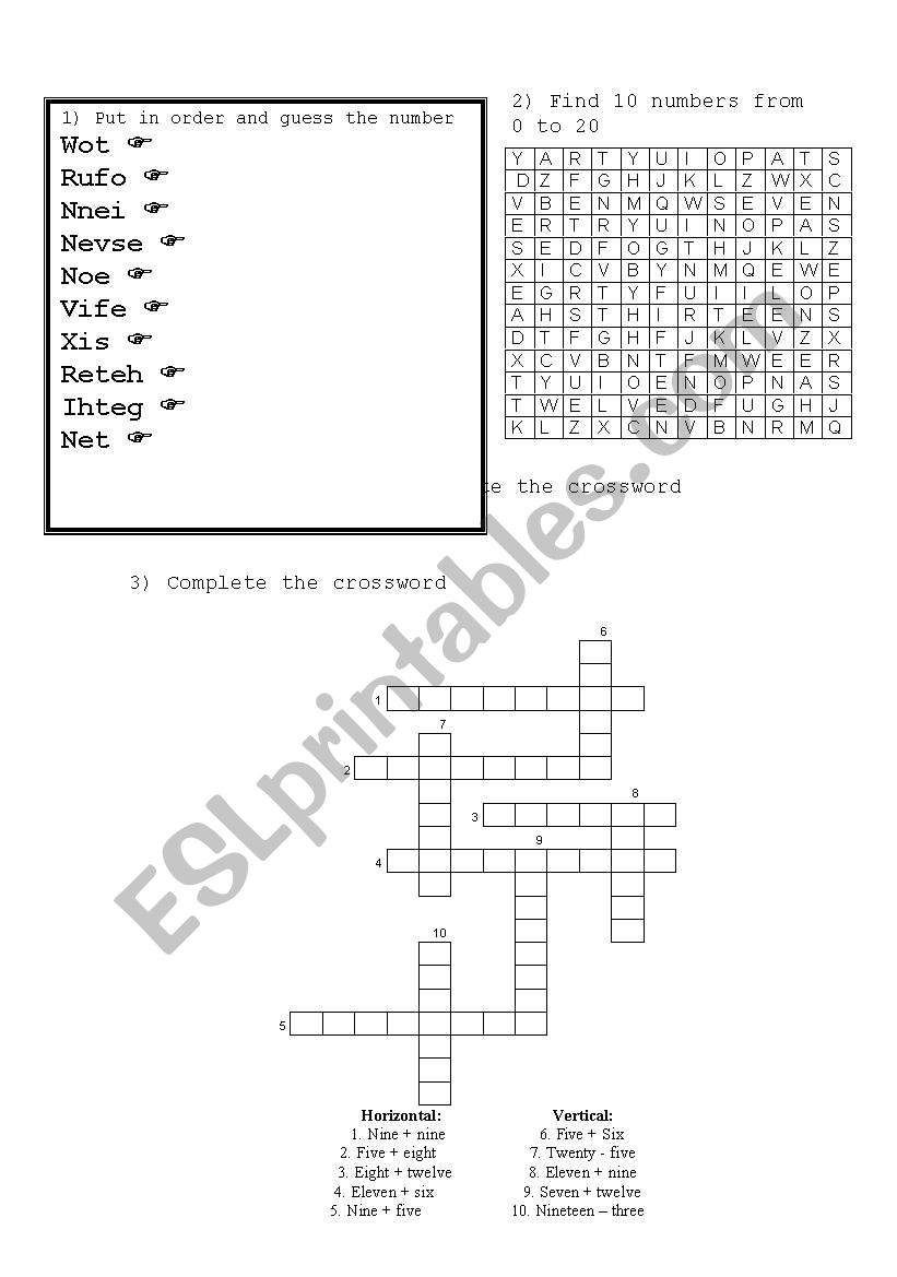 English Worksheets: Numbers (0 To 20) in Er Diagram 7 Eleven