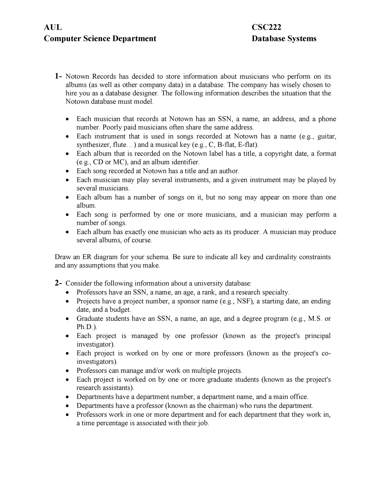 Er Diagrams Tutorial - Lecture Notes 3 - Database Csc222