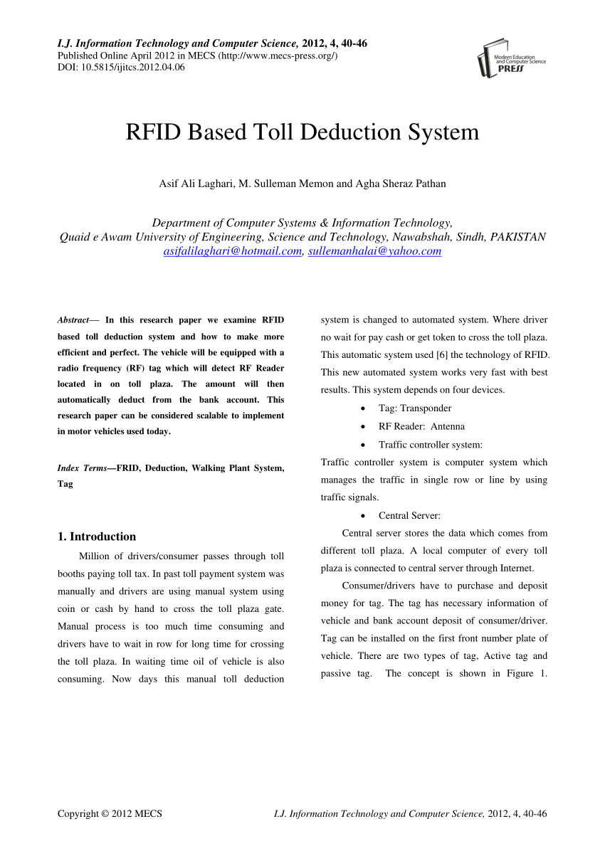 Pdf) Rfid Based Toll Deduction System