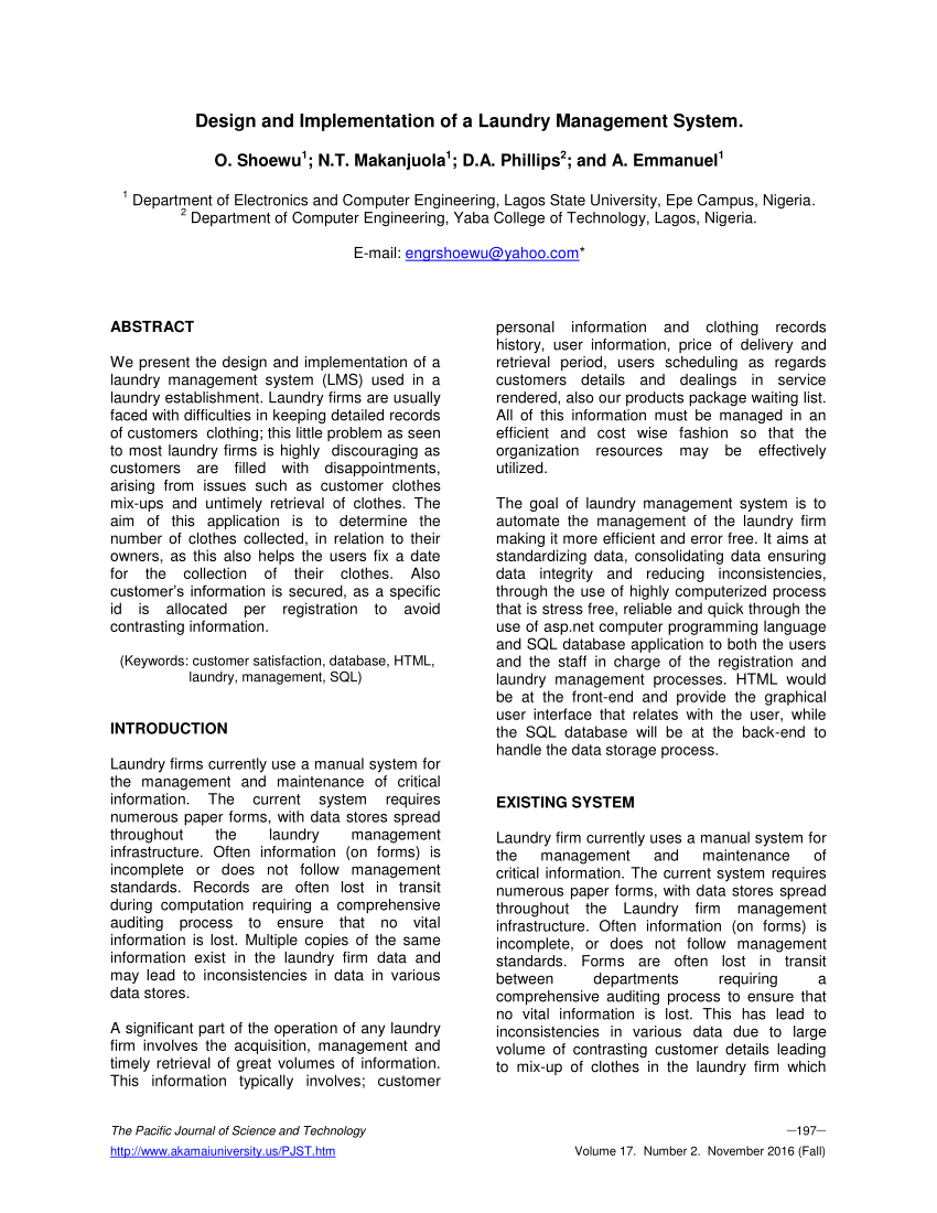 Pdf) Design And Implementation Of A Laundry Management System