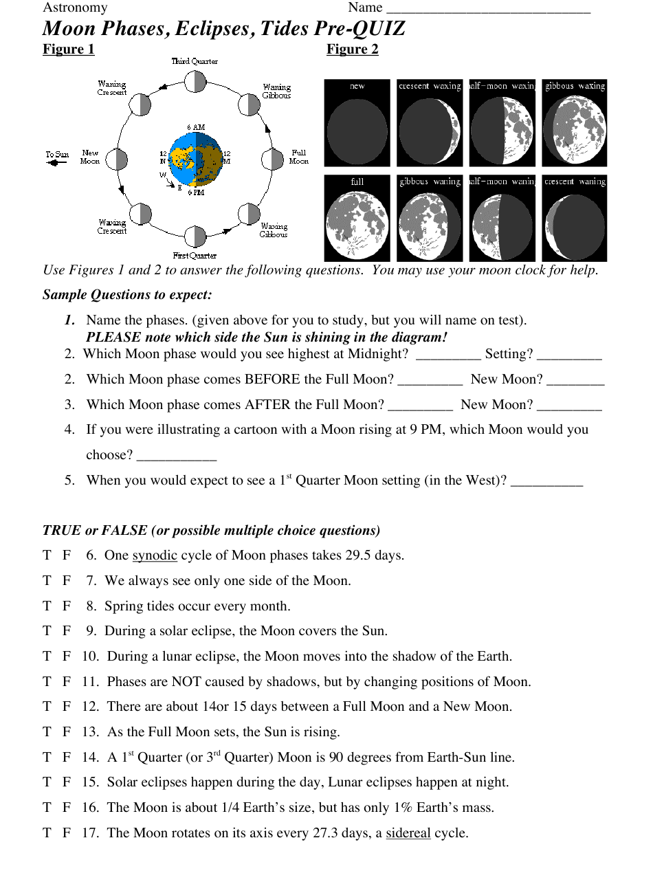 Moon Phases Eclipses Tides Pre quiz Worksheet Download 