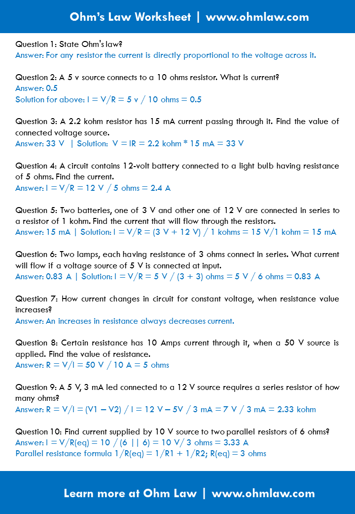 Ohm s Law Practice Worksheet With Answers PDF Download 