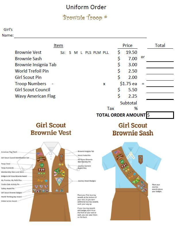 Brownie Girl Scouts Downloadable Troop Uniform Order Form 