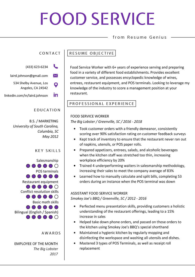 Food Service Resume Example Writing Tips RG