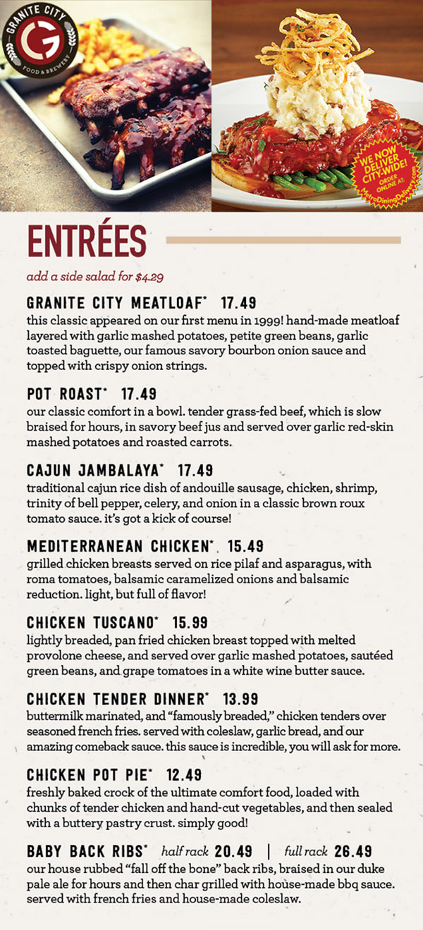 Granite City Dinner Menu Order Online Delivery 