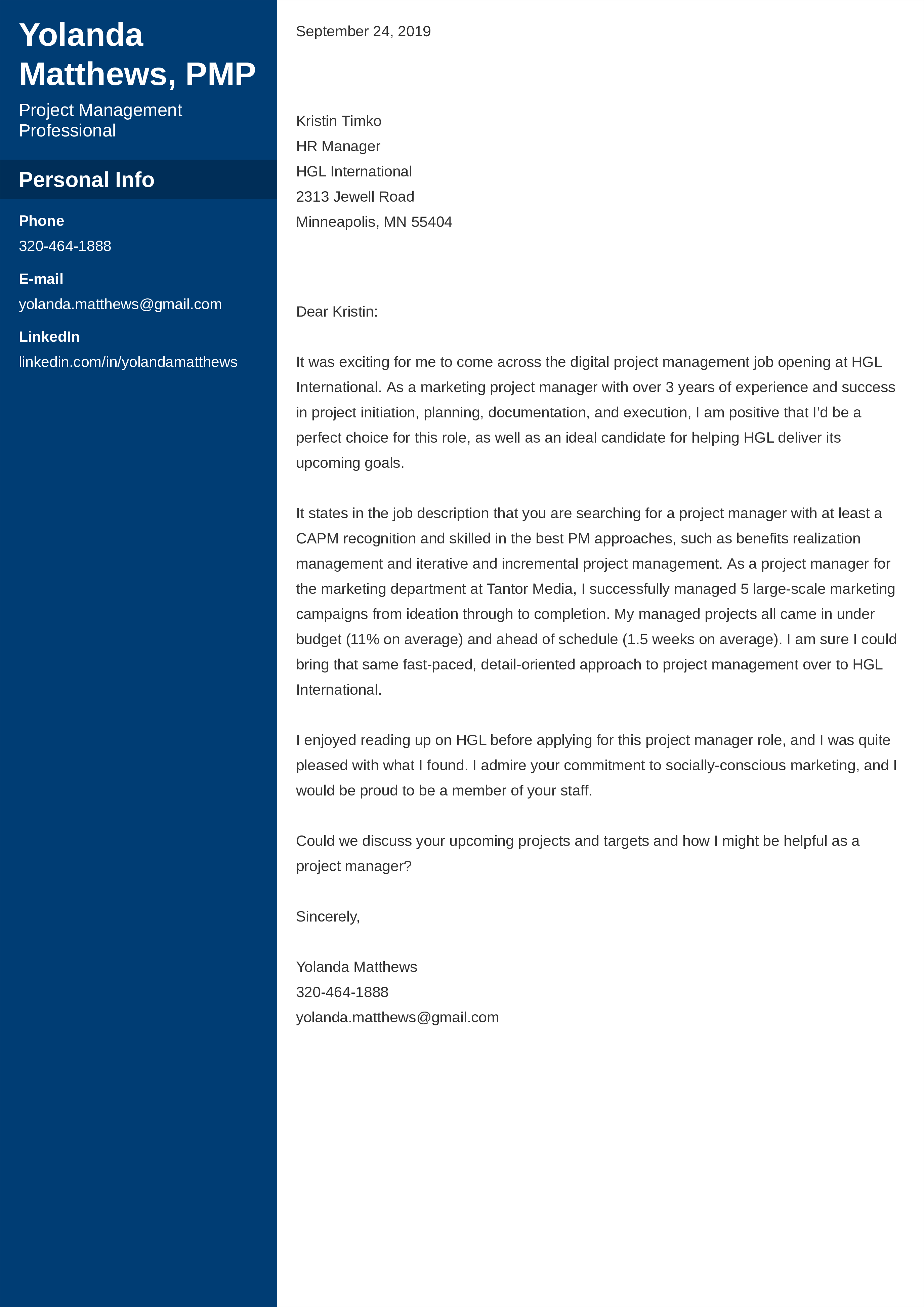 Project Manager Cover Letter Examples For Project 